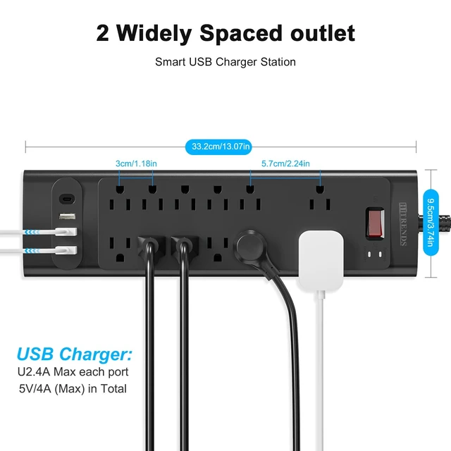 Alt view image 6 of 7 - Surge Protector Power Strip - Flat Plug Extension Cord with 12 Outlets and 3 USB Ports & 1 USB-C Port (5V/3A), 6 Feet Power Cord, Spaced Outlets & ETL Listed Power Outlet for Home Office