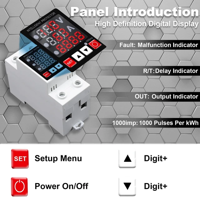 Alt view image 3 of 7 - Adjustable Voltage Protector,63A DinRail Mount Auto Reset Relay AC110/120V Real-time voltage & current display, High/Low Voltage Cutoff and Overcurrent Protection,DC85300V Wide Voltage Range