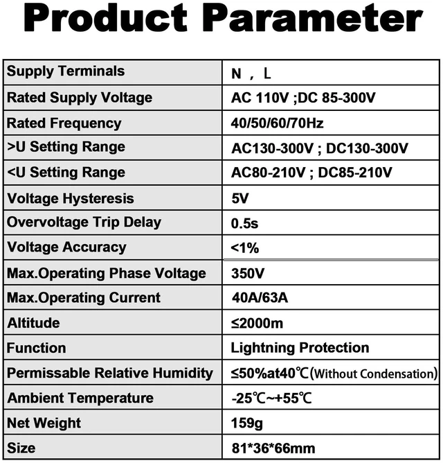Alt view image 6 of 7 - Adjustable Voltage Protector,63A DinRail Mount Auto Reset Relay AC110/120V Real-time voltage & current display, High/Low Voltage Cutoff and Overcurrent Protection,DC85300V Wide Voltage Range