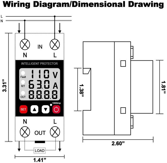 Alt view image 7 of 7 - Adjustable Voltage Protector,63A DinRail Mount Auto Reset Relay AC110/120V Real-time voltage & current display, High/Low Voltage Cutoff and Overcurrent Protection,DC85300V Wide Voltage Range