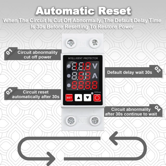 Alt view image 5 of 7 - Adjustable Voltage Protector,63A DinRail Mount Auto Reset Relay AC110/120V Real-time voltage & current display, High/Low Voltage Cutoff and Overcurrent Protection,DC85300V Wide Voltage Range