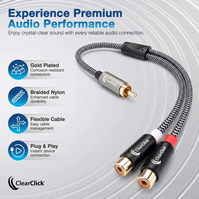 Alt view image 2 of 7 - RCA Audio Splitter Cable - 1 Male to 2 Female - Premium Quality Plug and Play, Braided Cable