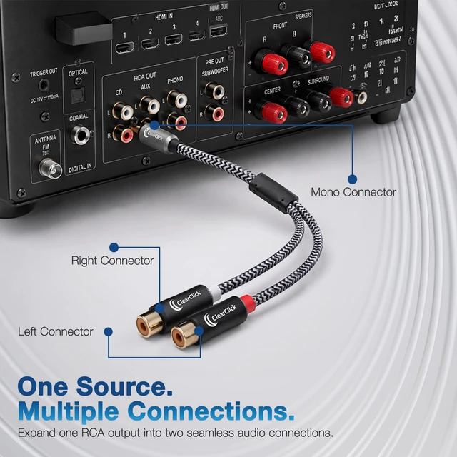 Alt view image 4 of 7 - RCA Audio Splitter Cable - 1 Male to 2 Female - Premium Quality Plug and Play, Braided Cable