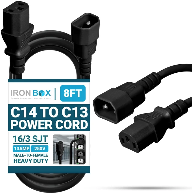Main image of IronBox Electric C14 to C13 Power Cord - 13A, 250V, 16/3 SJT - UL Listed Jumper Cord and IEC Power Cable - Heavy Duty Plug and Connectors for Computer, Desktop, Monitor, Speaker, UPS, PDU & More (8ft)