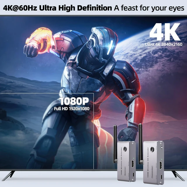Alt view image 4 of 7 - Wireless HDMI Transmitter and Receiver 100m/328ft,Plug & Play Wireless HDMI Extender Kit 4K Decode to Monitor from PC/Projector/TV Box