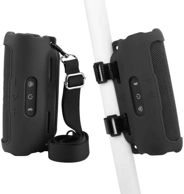 Main image of Silicone Case Compatible with JBL Flip 7 Speaker, Shockproof Protective Cover Soft Skin Silicone Cover with Shoulder Strap and Hook and Loop Straps for Bike Golf Cart Rail Mounting (Black)