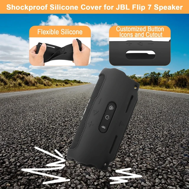 Alt view image 3 of 7 - Silicone Case Compatible with JBL Flip 7 Speaker, Shockproof Protective Cover Soft Skin Silicone Cover with Shoulder Strap and Hook and Loop Straps for Bike Golf Cart Rail Mounting (Black)