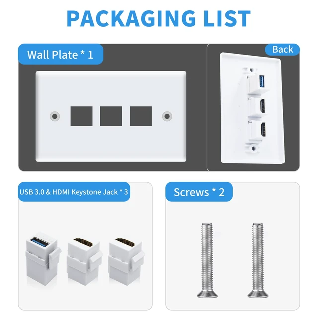 Alt view image 2 of 7 - HDMI Wall Plate USB 3.0 Wall Plate, 3-Port Keystone Plug with 4K HDMI + USB 3.0 for Cable Mount Socket Panel Cover, White (Pack of 2)