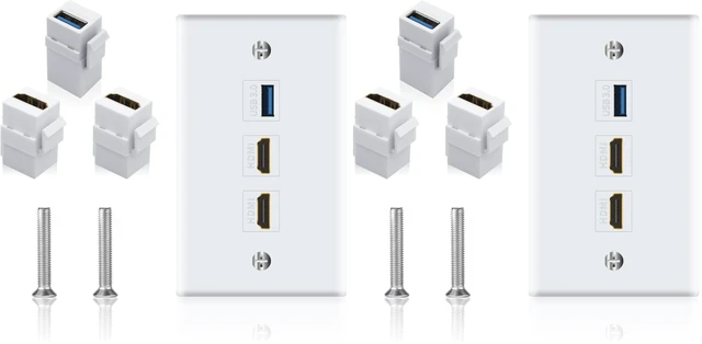 Main image of HDMI Wall Plate USB 3.0 Wall Plate, 3-Port Keystone Plug with 4K HDMI + USB 3.0 for Cable Mount Socket Panel Cover, White (Pack of 2)