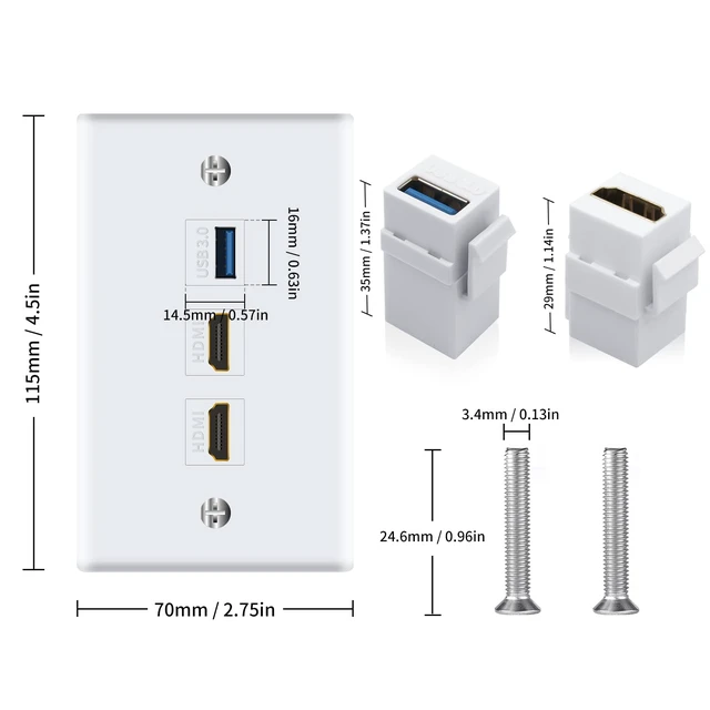 Alt view image 5 of 7 - HDMI Wall Plate USB 3.0 Wall Plate, 3-Port Keystone Plug with 4K HDMI + USB 3.0 for Cable Mount Socket Panel Cover, White (Pack of 2)