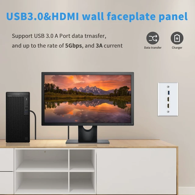 Alt view image 7 of 7 - HDMI Wall Plate USB 3.0 Wall Plate, 3-Port Keystone Plug with 4K HDMI + USB 3.0 for Cable Mount Socket Panel Cover, White (Pack of 2)