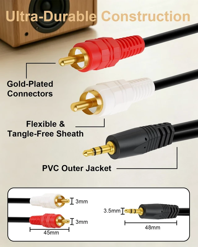 Alt view image 4 of 7 - 3.5mm to 2 RCA Audio Cable 5M/16.4FT,Aux to RCA Y Splitter Cord Gold-Plated 3.5mm Male to 2 RCA Splitter Male (White and Red) Stereo Audio Cable,2-Pack,for Large Room, PC,TV,Speakers