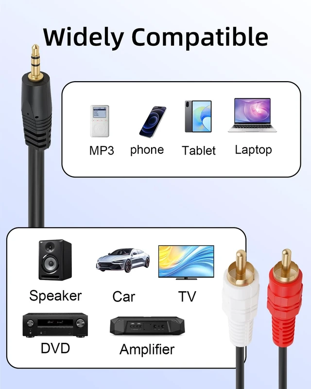 Alt view image 6 of 7 - 3.5mm to 2 RCA Audio Cable 5M/16.4FT,Aux to RCA Y Splitter Cord Gold-Plated 3.5mm Male to 2 RCA Splitter Male (White and Red) Stereo Audio Cable,2-Pack,for Large Room, PC,TV,Speakers