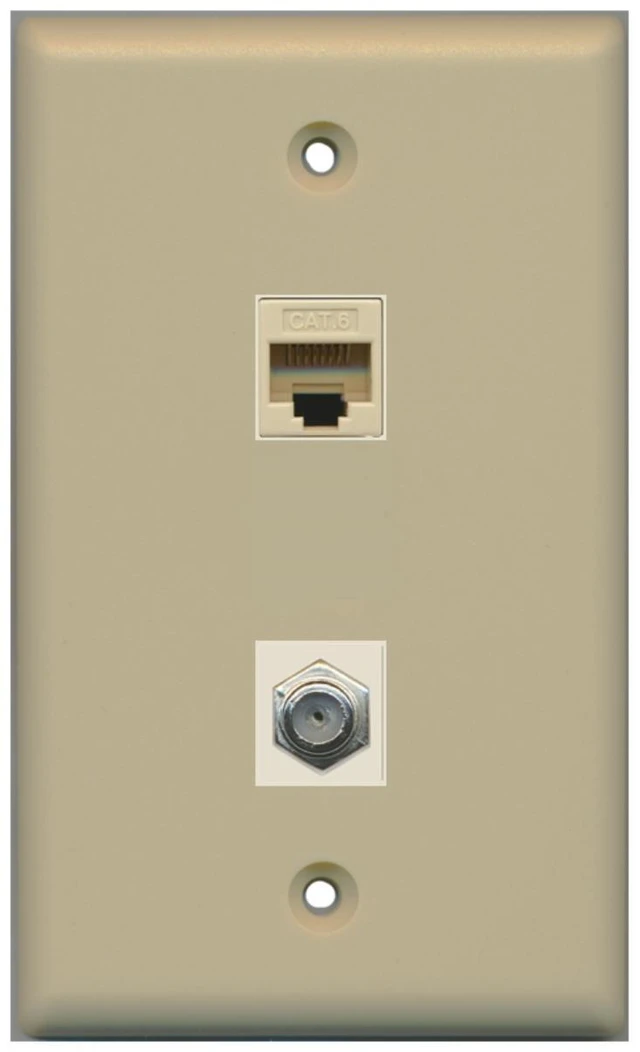 Main image of 1 Port Coax Cable TV- F-Type 1 Port Cat6 Ethernet Wall Plate - Ivory