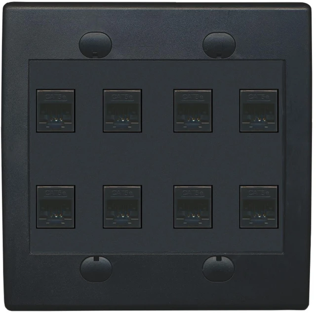 Main image of 8 Port Flat Dual 2 Gang Ethernet Cat5e RJ45 Network Wall Plate - Black