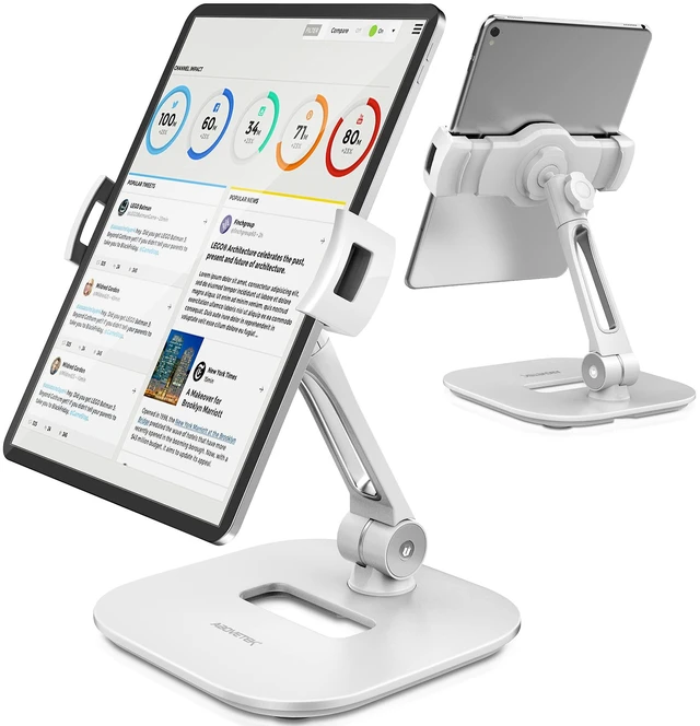 Main image of Tablet Stand Holder, Stylish Aluminum iPad Stands, Foldable 360° Swivel iPad iPhone Table Stand Holder fits 4-11" Tablets/Smartphones for Kitchen Bedside Office POS Showroom Reception (White)