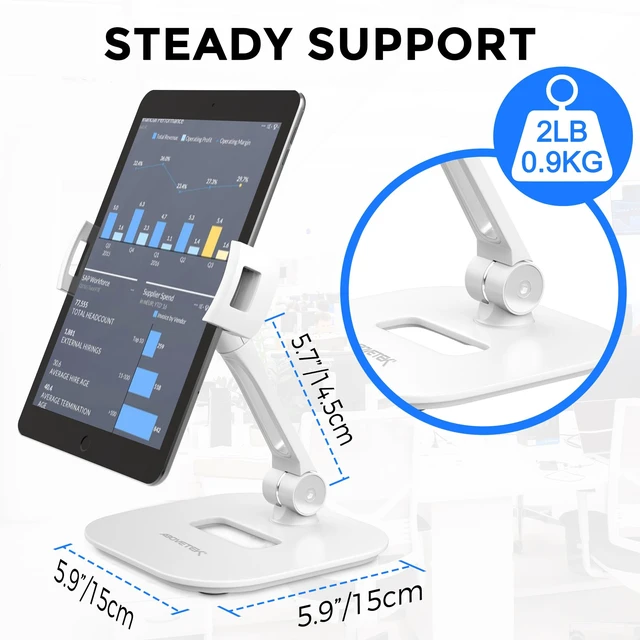 Alt view image 4 of 7 - Tablet Stand Holder, Stylish Aluminum iPad Stands, Foldable 360° Swivel iPad iPhone Table Stand Holder fits 4-11" Tablets/Smartphones for Kitchen Bedside Office POS Showroom Reception (White)