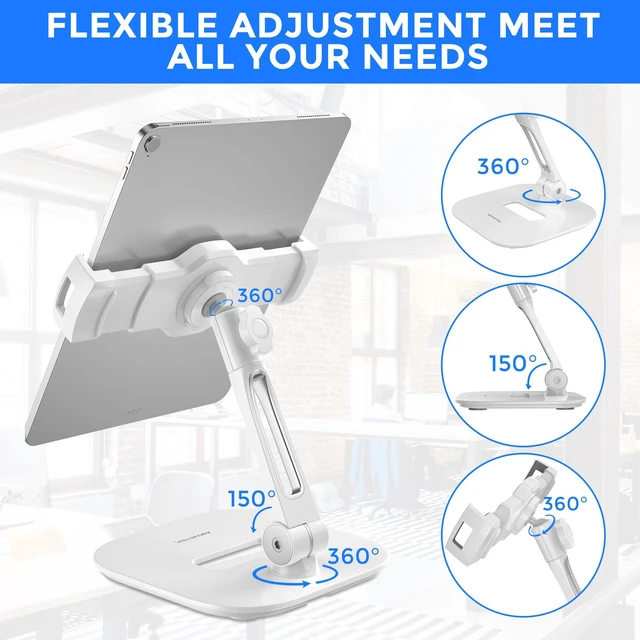 Alt view image 5 of 7 - Tablet Stand Holder, Stylish Aluminum iPad Stands, Foldable 360° Swivel iPad iPhone Table Stand Holder fits 4-11" Tablets/Smartphones for Kitchen Bedside Office POS Showroom Reception (White)