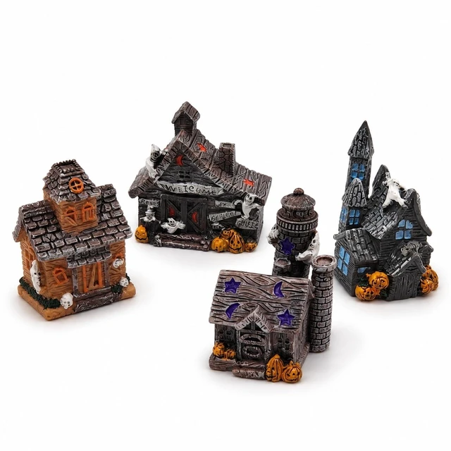 Main image of 4PCS Haunted House Figurines Resin Halloween Mini Decor Props Compact Resin Houses Build Spooky Mini Scenes For Terrariums, Fairy Gardens, Tiered Trays, Party Tables, And Diy Crafts