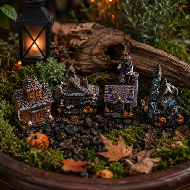Alt view image 4 of 7 - 4PCS Haunted House Figurines Resin Halloween Mini Decor Props Compact Resin Houses Build Spooky Mini Scenes For Terrariums, Fairy Gardens, Tiered Trays, Party Tables, And Diy Crafts