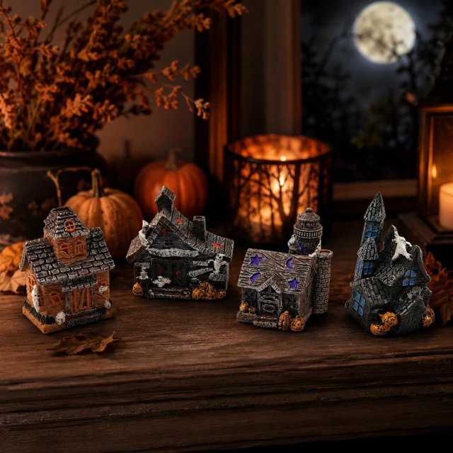 Alt view image 3 of 7 - 4PCS Haunted House Figurines Resin Halloween Mini Decor Props Compact Resin Houses Build Spooky Mini Scenes For Terrariums, Fairy Gardens, Tiered Trays, Party Tables, And Diy Crafts
