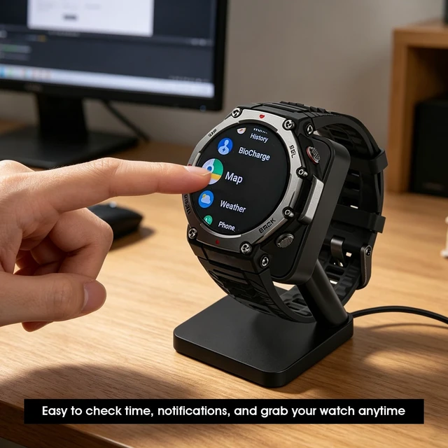Alt view image 3 of 6 - Desktop Charging Stand Compatible with Amazfit T-Rex 3 / T-Rex 3 Pro Smart Watch, Magnetic Charger Dock Replacement with 3.3FT USB Cable, Anti-Slip Charging Base Compatible with Helio Strap