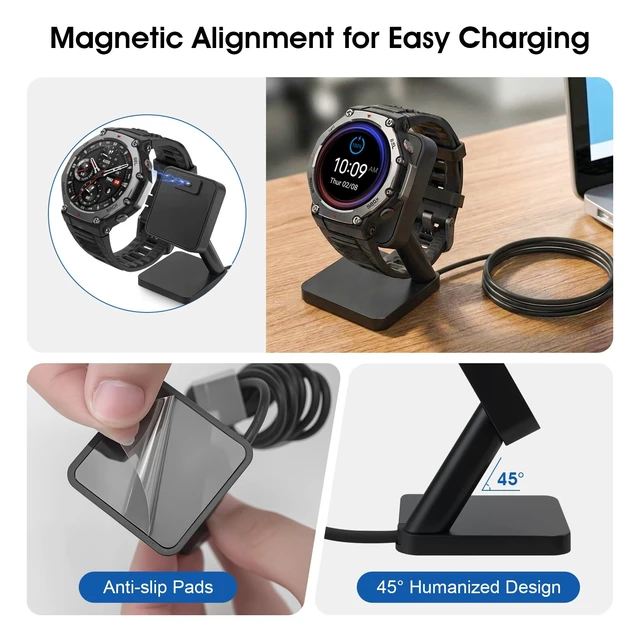 Alt view image 5 of 6 - Desktop Charging Stand Compatible with Amazfit T-Rex 3 / T-Rex 3 Pro Smart Watch, Magnetic Charger Dock Replacement with 3.3FT USB Cable, Anti-Slip Charging Base Compatible with Helio Strap