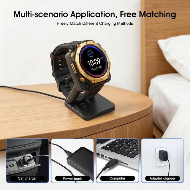 Alt view image 4 of 6 - Desktop Charging Stand Compatible with Amazfit T-Rex 3 / T-Rex 3 Pro Smart Watch, Magnetic Charger Dock Replacement with 3.3FT USB Cable, Anti-Slip Charging Base Compatible with Helio Strap