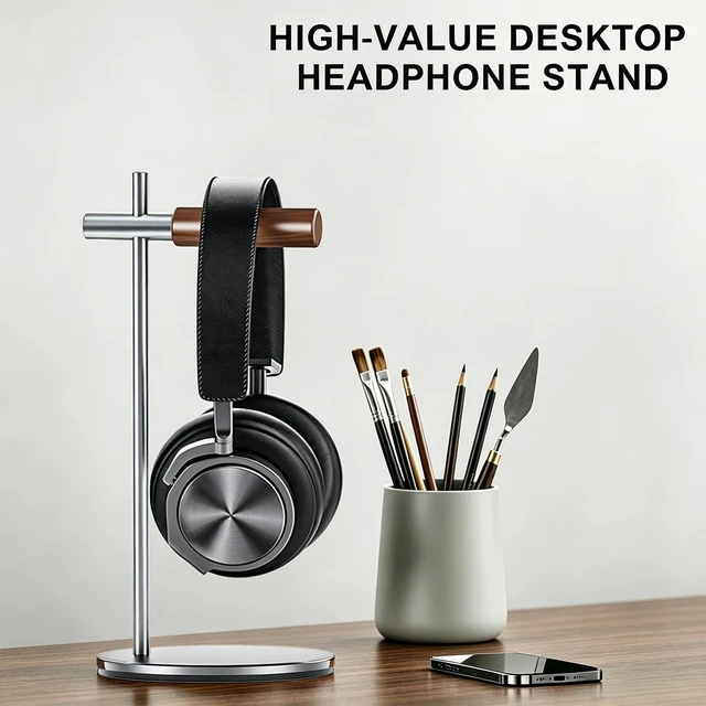 Alt view image 7 of 7 - Oak Headphone Stand, Wood Headset Stand for Desk, Universal Holder for Airpods max, Bose, Beats, Gaming, Apple Vision Pro, VR Display Stand (Silver)