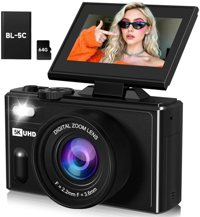 Main image of 5K Digital Camera,80MP Cameras for Photography with 64GB SD Card,Autofoucs Vlogging Camera for YouTube with 180° Flip Screen,18X Zoom,Anti-Shake Compact Vlog Travel Camera for Beginner,Teens,Black