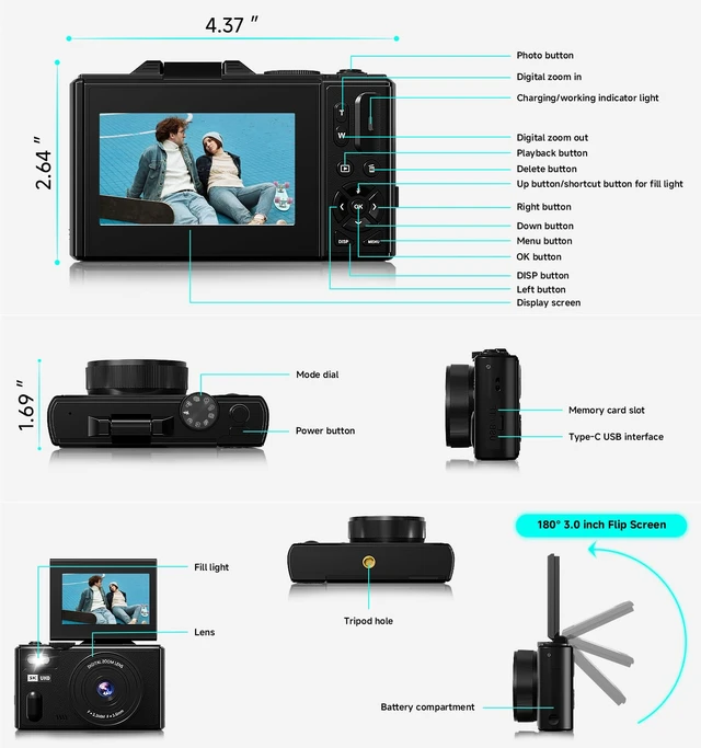 Alt view image 7 of 7 - 5K Digital Camera,80MP Cameras for Photography with 64GB SD Card,Autofoucs Vlogging Camera for YouTube with 180° Flip Screen,18X Zoom,Anti-Shake Compact Vlog Travel Camera for Beginner,Teens,Black