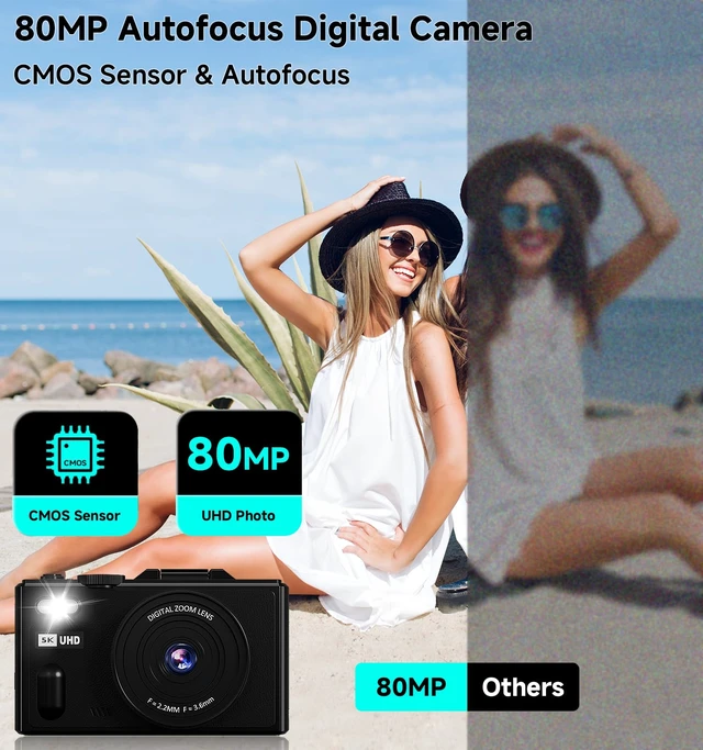 Alt view image 3 of 7 - 5K Digital Camera,80MP Cameras for Photography with 64GB SD Card,Autofoucs Vlogging Camera for YouTube with 180° Flip Screen,18X Zoom,Anti-Shake Compact Vlog Travel Camera for Beginner,Teens,Black