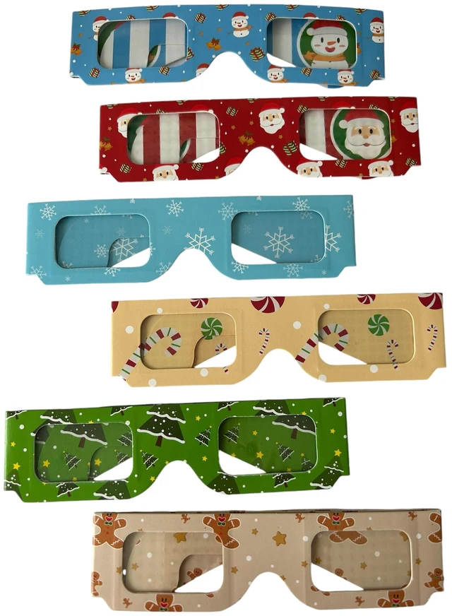 Main image of 3D Glasses - 6 Pack with Unique Designs: Snowflake, Candycane, Christmas Tree, Gingerbread Man, Snowman & Santa. Perfect for Kids, Holiday Lights, Unique Gifts & Stocking Stuffers