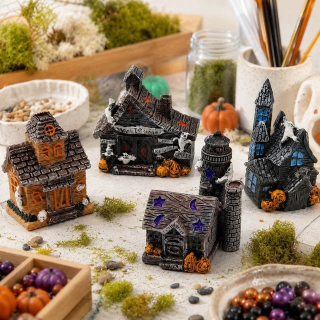 Alt view image 7 of 7 - 4PCS Haunted House Figurines Resin Halloween Mini Decor Props Compact Resin Houses Build Spooky Mini Scenes For Terrariums, Fairy Gardens, Tiered Trays, Party Tables, And Diy Crafts