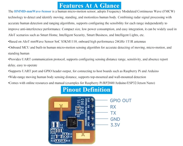 Alt view image 3 of 7 - 2PCS Human Micro-Motion Detection mmWave Sensor, Compatible with Raspberry Pi/Pi Pico/Jetson Nano/ESP32, 24GHz mmWave Radar, Frequency Modulated Continuous Wave (FMCW) Technology, UART & GPIO Output