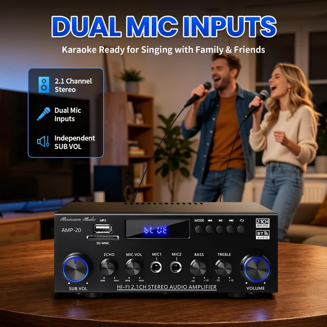 Alt view image 6 of 7 - AMP-20 Bluetooth Stereo Audio Amplifier 2.1 CH Max.800W RMS 50Wx2+70W Bluetooth 5.0 Home Audio Amplifier for Speaker with MIC Jack Echo FM BT/USB Input