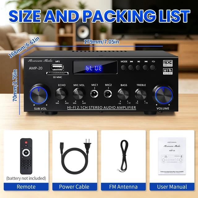 Alt view image 7 of 7 - AMP-20 Bluetooth Stereo Audio Amplifier 2.1 CH Max.800W RMS 50Wx2+70W Bluetooth 5.0 Home Audio Amplifier for Speaker with MIC Jack Echo FM BT/USB Input