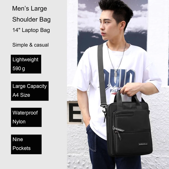 Alt view image 2 of 6 - Men's 14-inch Laptop Messenger Bag Nylon Large Shoulder Bag Business Waterproof Casual Black Crossbody Bag for Work Travel Outdoor