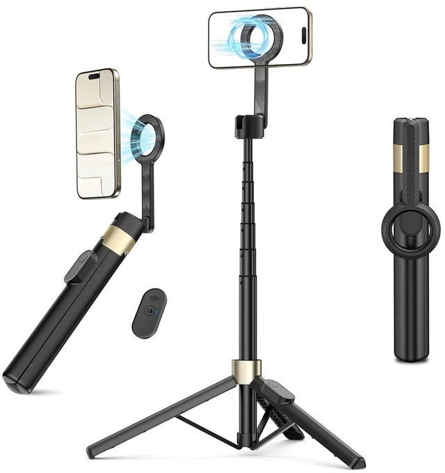 Main image of Magnetic Tripod for iPhone, Selfie Stick Monopod Tripod for Magsafe, 360° Rotatable Travel Tripod Heads Cell Phone Stand with Metal Ring & Remote, Compatible with iPhone Android, 60"