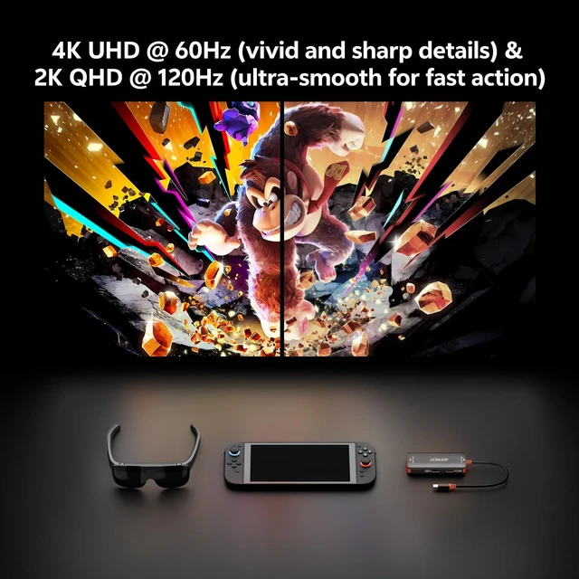 Alt view image 2 of 6 - 4K@60Hz USB C AR Glasses Adapter For Switch 2/Steam Deck/ROG Ally X 2K@120Hz, 100W PD Charging, 10Gbps Data, No Dock Needed, for XREAL/Rokid, iPhone 17/16/15 Pro/iPad/Laptop