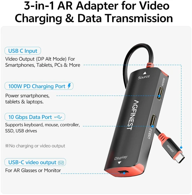 Alt view image 4 of 6 - 4K@60Hz USB C AR Glasses Adapter For Switch 2/Steam Deck/ROG Ally X 2K@120Hz, 100W PD Charging, 10Gbps Data, No Dock Needed, for XREAL/Rokid, iPhone 17/16/15 Pro/iPad/Laptop