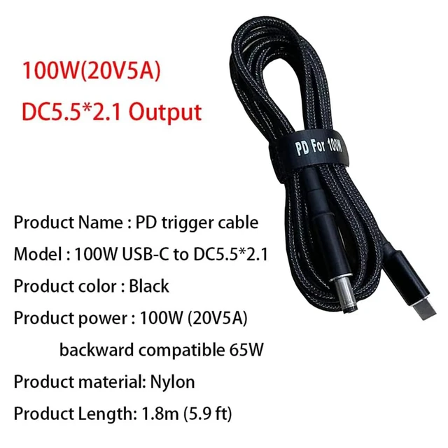 Alt view image 2 of 4 - 2PCS 5.9ft 100W 20V 5A PD Trigger USB Type C Male Input to DC 5.5 x 2.1mm Male Power Cable