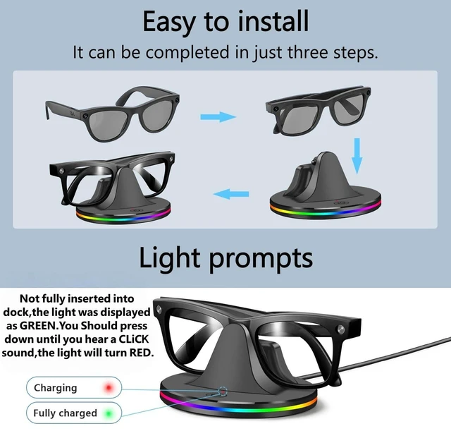 Alt view image 3 of 6 - Charging Station for Ray Ban Meta Glasses, Charger Dock for Meta Glasses, Ray Ban Meta Accessories Compatible with Wayfarer, Skyler, Headliner and Oakley Meta HSTN, with RGB Light and USB-C Cable