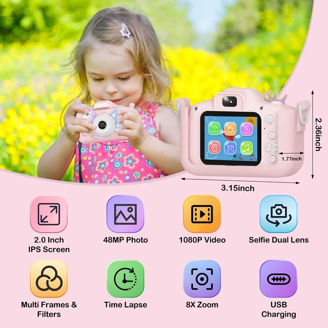 Alt view image 2 of 7 - KC3A Kids Digital Camera Toy 2026-1080P Toddler Camera with Selfie Mode, Games, Sound Recording, 8X Zoom, 8GB SD Card, USB-C Rechargeable Educational Toy for Boys Girls Ages 3-8, Pink