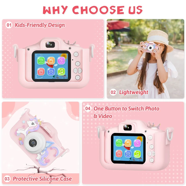 Alt view image 7 of 7 - KC3A Kids Digital Camera Toy 2026-1080P Toddler Camera with Selfie Mode, Games, Sound Recording, 8X Zoom, 8GB SD Card, USB-C Rechargeable Educational Toy for Boys Girls Ages 3-8, Pink