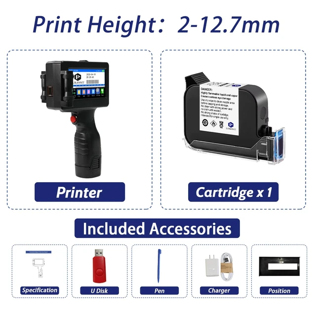 Alt view image 6 of 6 - Handheld Inkjet Printer E55 with W6900K Fast-Drying Ink Cartridge, Portable Handheld Printer Gun 0.5 Inch Nozzle for Serial Numbers Logo DIY QRCode barcodes, Print on Carton Plastic Metal