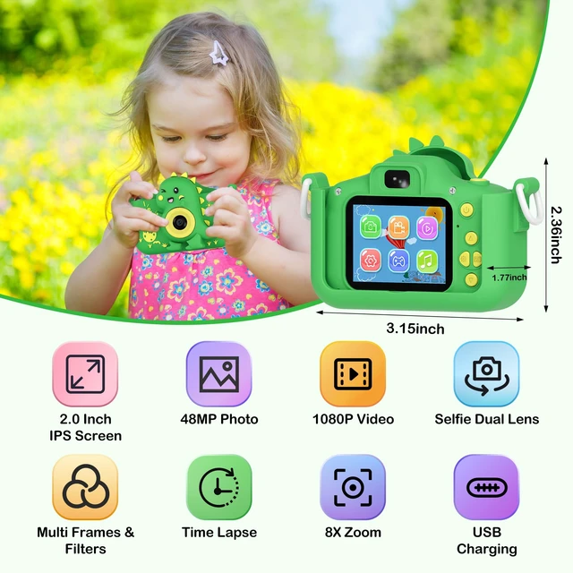 Alt view image 2 of 7 - KC3A Kids Digital Camera Toy 2026-1080P Toddler Camera with Selfie Mode, Games, Sound Recording, 8X Zoom, 8GB SD Card, USB-C Rechargeable Educational Toy for Boys Girls Ages 3-8, Green