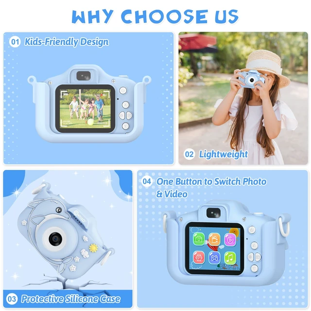 Alt view image 7 of 7 - KC3A Kids Digital Camera - 1080P Toddler Camera with Selfie Mode, Games, Sound Recording, 8X Zoom, 8GB SD Card, USB-C Rechargeable Educational Toy for Boys Girls Ages 3-8, Blue