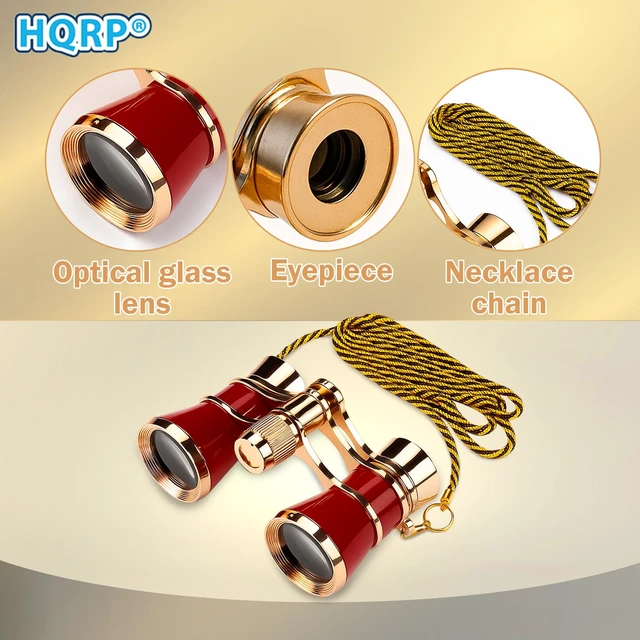 Alt view image 2 of 7 - 3x25 Opera Glasses Theater Binoculars, w/Crystal Clear Optic (CCO), Burgundy with Golden Trim, w/Necklace Chain, for Adults Kids Women in Musical Concert Sport Events etc