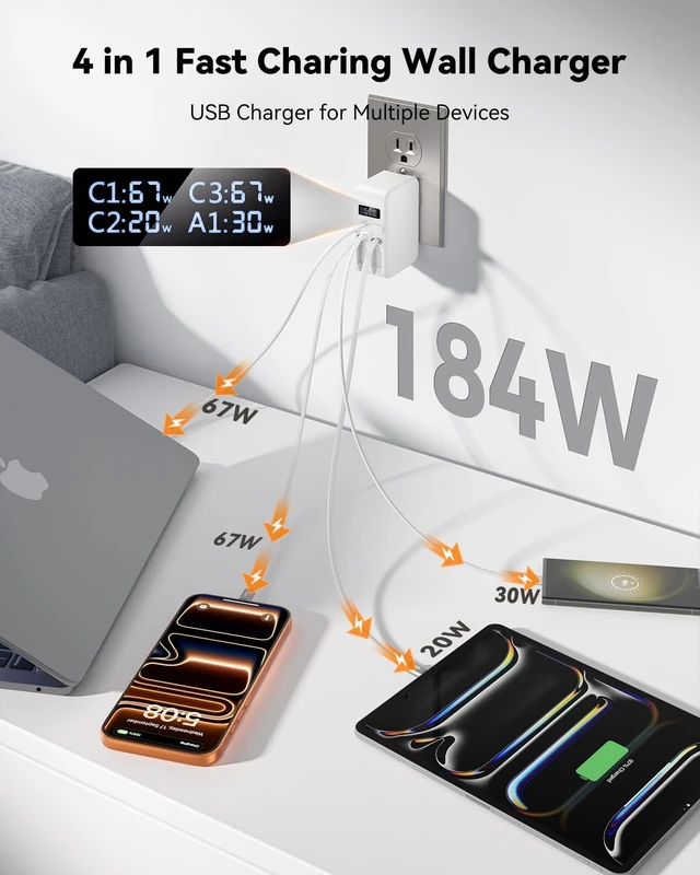 Alt view image 3 of 7 - 67W Retractable Charger, 4-in-1 Fast Charging USB C & Apple Cables Smart Display Retractable Wall Charger, Compact Charger Block for iPhone 18/17/16/15/14/13/12,MacBook,Laptop, iPad, Galaxy